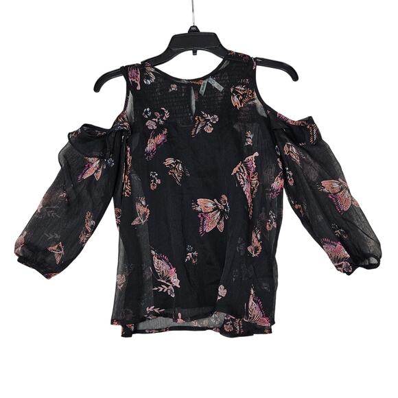 Mudd Cold Shoulder Blouse Womens XS Black Butterfly Print Sheer Boho Fairy Y2K - Picture 1 of 10